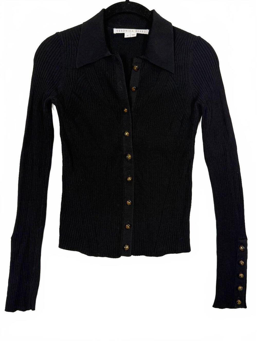 Veronica Beard Rouni Black Ribbed Collared Cardigan Sweater Tortoise Buttons XS